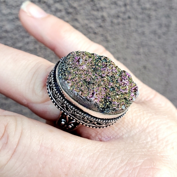 New Titanium Druzy 925 Silver Statement Ring. - Picture 10 of 12
